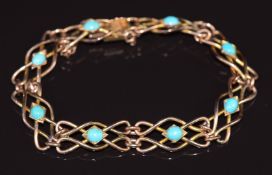 Edwardian 9ct rose gold bracelet set with turquoise cabochons, 12.6g 19cm