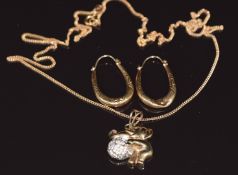 A 9ct gold pendant in the form of an elephant on 9ct gold chain, and 9ct gold earrings, 7.6g