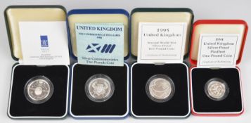 Four Royal Mint silver proof coins comprising 1994 £1 Scotland piedfort, 1994 £2 Bank of England,