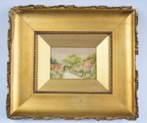 Miniature embroidery picture of a flower in a walled garden, in gilt frame, 5.5 x 8.5cm, overall