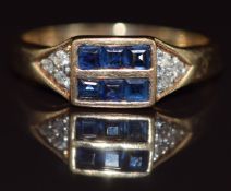 A 9ct gold ring set with two rows of sapphires and diamonds to the shoulders, 2.1g, size O