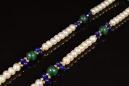 A necklace of pearl, malachite, lapis lazuli and 14k gold beads with 14k gold clasp