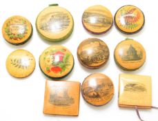 Sewing, needlework and embroidery interest Mauchline ware pin wheels and cushions including Fern