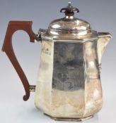 Art Deco George V hallmarked silver coffee pot or hot water jug, of bulbous octagonal form,