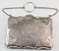 Edward VII or George V hallmarked silver evening purse with engraved decoration and fitted green