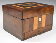 Rosewood and bird's eye maple travelling jewellery box, with campaign style handle to lid opening to