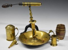 Brassware to include chamber stick, diameter 21cm, novelty miniature copper and brass barrel,