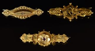 A 9ct gold brooch set with a ruby and diamonds, Birmingham 1901, 9ct gold brooch, Birmingham 1912,