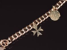 A 9ct rose gold curb link bracelet with two 9ct gold charms and heart padlock clasp, 18.8g 21.5cm