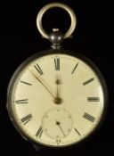 Unnamed white metal open faced pocket watch with subsidiary seconds dial, gold hands, black Roman