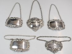 Five various modern hallmarked silver bottle tickets comprising sherry, gin, vodka, port and brandy,