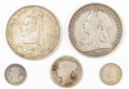1893 Queen Victoria veiled head crown with an 1890 Jubilee head example, 1883 and 1887 threepences