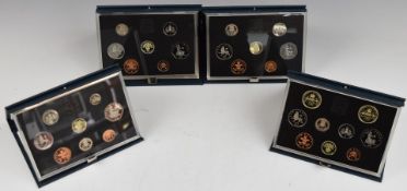Four Royal Mint United Kingdom decimal proof coin sets 1987, 1988, 1989 and 1990, all in deluxe