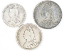 1890 Queen Victoria crown (toned) together with a double florin and an 1892 half crown, F-F+
