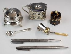Two hallmarked silver mustards, Edward VII or Victorian hallmarked silver caddy scoop, Birmingham