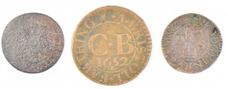 Three 17thC merchant's farthing tokens comprising 1652 Bristol, 1660 Richard Souch Oxon, Miliner and