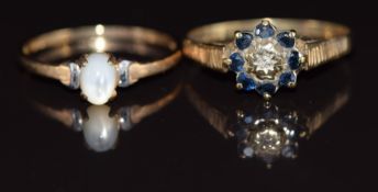 A 9ct gold ring set with a diamond and sapphires and 9ct gold ring set with a moonstone, 2.6g,