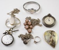 A collection of silver jewellery and watches including two fob watches, ring, pendant set with