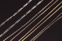 Three 9ct gold chains (2.7g) and a rolled gold and silver plated necklace