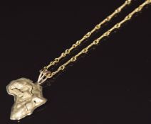 A 9ct gold chain made up of rope twist links and pendant in the form of Africa, 9.4g