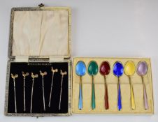 Cased set of novelty cockerel cocktail sticks marked sterling silver, together with a set of six