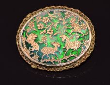 An Indian Pratapgarh thewa brooch with a gold scene depicting a man and animals 7.8g 3.1x2.5cm
