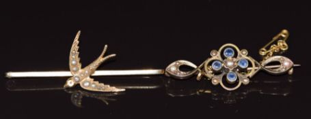 Edwardian 9ct gold brooch set with sapphires and seed pearls and an Edwardian 9ct gold swallow