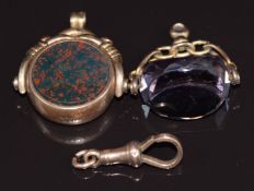 Two 9ct gold fobs, one set with bloodstone and carnelian agate, and a 9ct gold clip