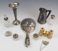 Hallmarked silver items comprising trumpet vase, height 17.5cm, two silver mounted scent bottles,