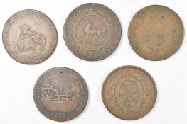 Five early 19thC penny trade tokens comprising Norwich, Bristol / South Wales, Birmingham / South
