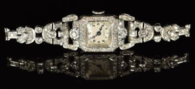 Crusader Art Deco diamond set platinum ladies wristwatch with blued Breguet hands, black Arabic