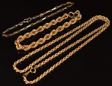 A 9ct gold rope twist necklace, 9ct gold rope twist bracelet and a 9ct gold bracelet, 13.7g