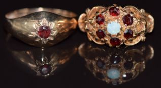 Two 9ct gold rings, one set with an opal and garnets the other a garnet, 4.4g, size N & J