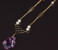 Art Deco 9ct gold necklace set with paste and faux pearls, 5.5g