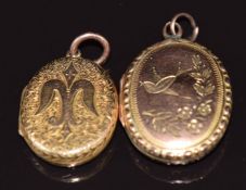 Two Victorian 9ct gold back and front lockets, one depicting a swallow