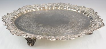 Large Victorian hallmarked silver salver, tray or platter with pierced rim and engraved