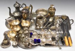 Silver plated ware including twin handled tray, tea ware, ornate pen trays, cruets etc