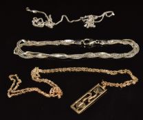 A 9ct white gold bracelet, 9ct white gold chain and a 9ct gold necklace, 7.1g