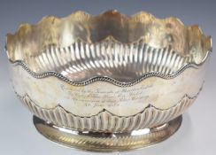 Victorian hallmarked silver punch bowl with 1954 inscription from the tenants of the Bourton