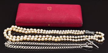 A double strand of pearls with 9ct white gold clasp set with diamonds, graduated hallmarked silver