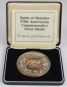 Royal Mint 'Battle of Waterloo 175th Anniversary' commemorative silver medal, in case with