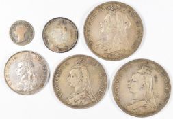 Seven Queen Victoria coins comprising 1894 veiled head crown, 1891 Jubilee head example, 1889 double