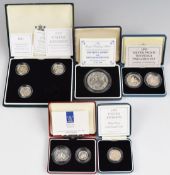 Nine Royal Mint silver proof UK coins comprising 1999-2002 £1, a 1990 5p two coin set, 1992 10p