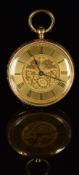 John Williams of Carmarthen 18ct gold open faced pocket watch with blued hands, black Roman