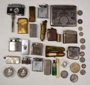 Collection of vintage cigarette lighters, vestas, silver coinage to include hallmarked silver vesta,