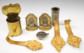 Metal collectables including a pair of 19th / 20thC Dickens bookends, brass hanging candle / spill
