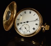 SS & Co 9ct gold keyless winding half hunter pocket watch with subsidiary seconds dial, blued hands,