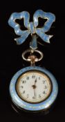 Silver and enamel keyless winding open faced pocket watch with gold hands, black Arabic numerals,