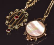 Edwardian 9ct gold pendant set with a garnet and seed pearls, on 9ct gold chain with barrel clasp,