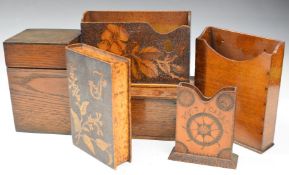 A collection of boxes and stationery stands including three pokerwork examples, one modelled as a